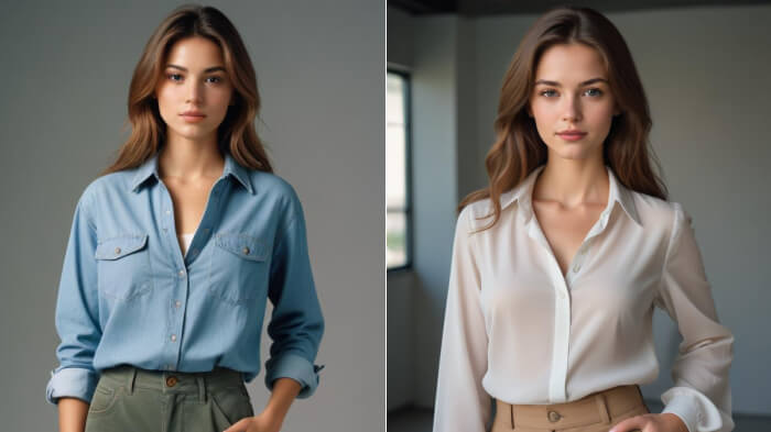 An image comparing a woman's original outfit with an AI office outfit, including a formal blouse and pants.