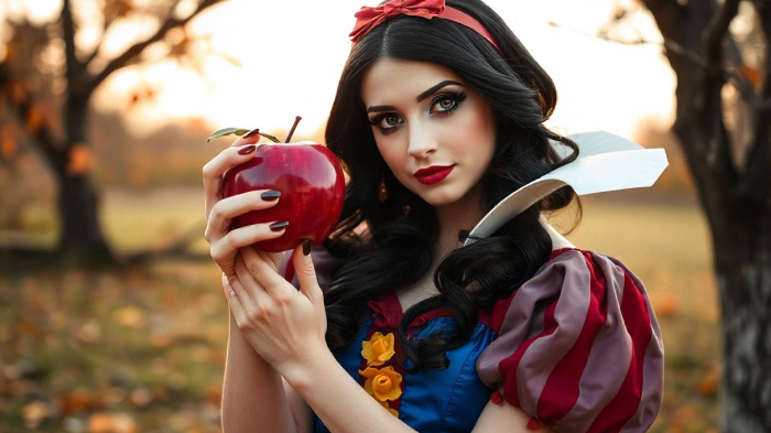 An image of the twisted fairytale photoshoot idea for Halloween, featuring a girl as Snow White with a poisoned apple.