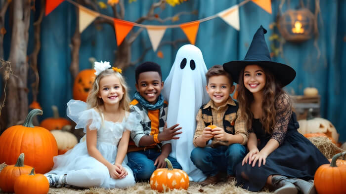 An image of a Halloween party with a pumpkin patch photo corner shows kids posing dressed as fairies, spirits, and witches.