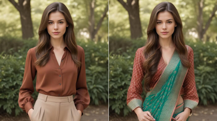  An image comparing a woman's original outfit with an AI-generated ethnic saree designed by LightX.