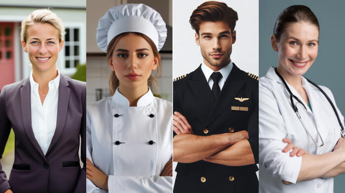 Professional headshots of a business women in suit, a chef in white dress, a navy officer & a doctor with their desired uniforms