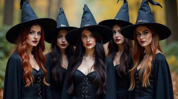 An image of the witch group photoshoot idea for Halloween, featuring girls dressed as witches representing a coven.