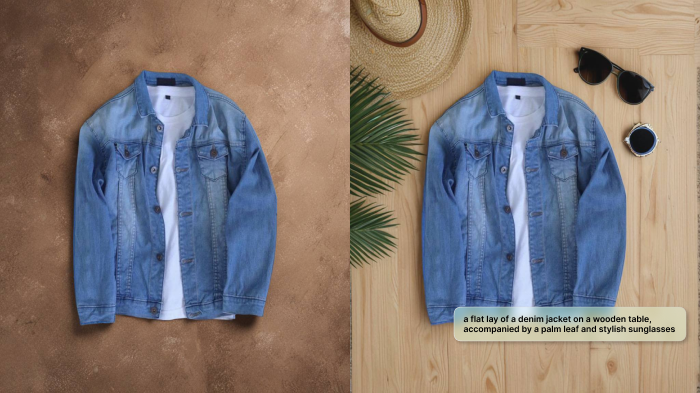 Before and after shots of a denim jacket using AI to create a stylish lifestyle image for enhanced product appeal.