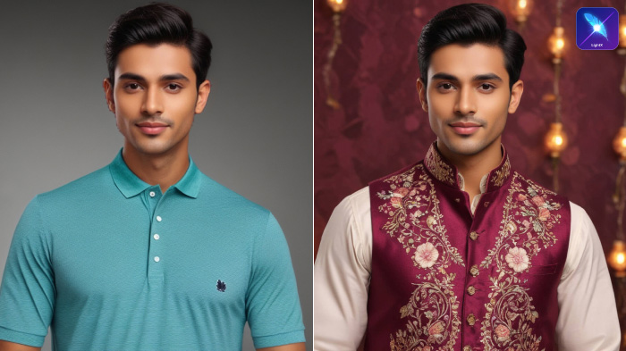 Man’s before-and-after transformation for Diwali shoot using LightX AI generator