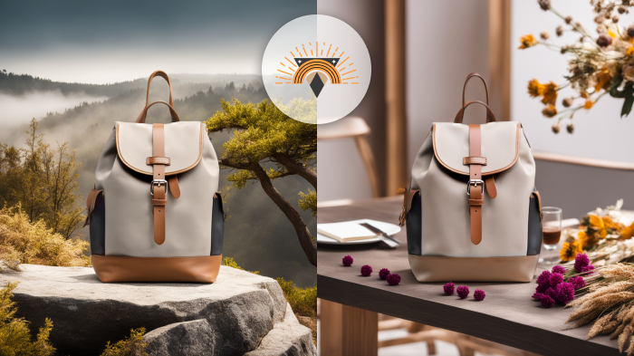 AI-generated backgrounds for a backpack, designed to match the logo colors and enhance branding in product photography.