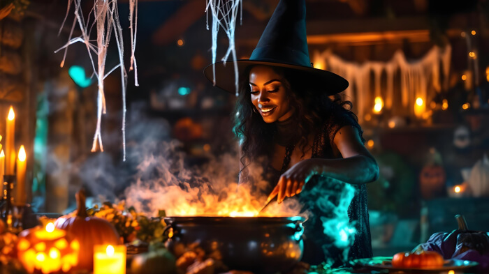 An image of a witch’s cottage Halloween party showing a mystical decor and a woman as a witch making potion in a cauldron.