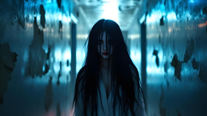 An image of a woman in a Samara (The Ring) Halloween costume standing in a spooky passage setup.