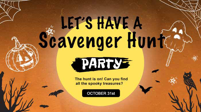 A Halloween scavenger hunt party invite with the text reading, “The hunt is on! Can you find all the spooky treasures?”