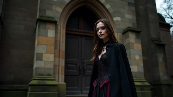 An image of the gothic style photoshoot idea for Halloween, featuring a woman in a gothic outfit and background.