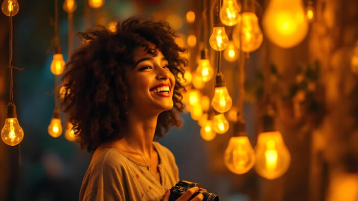 Girl taking photos with Diwali festive bulbs as props for Diwali shoot ideas