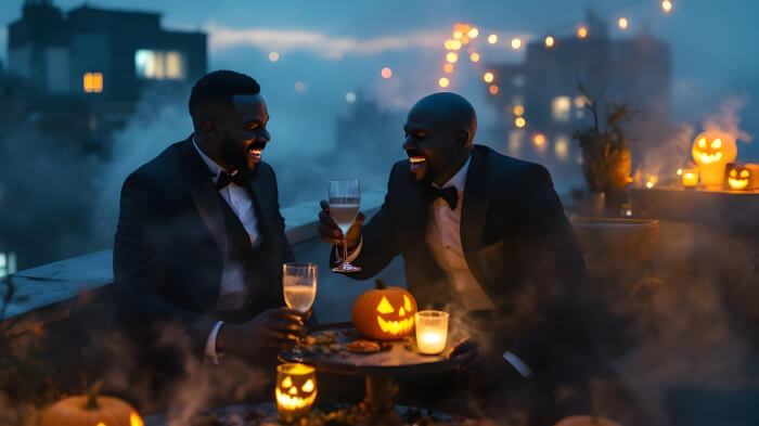 An image of a phantom rooftop Halloween party with ghostly decoration, dim lighting, and people enjoying drinks.