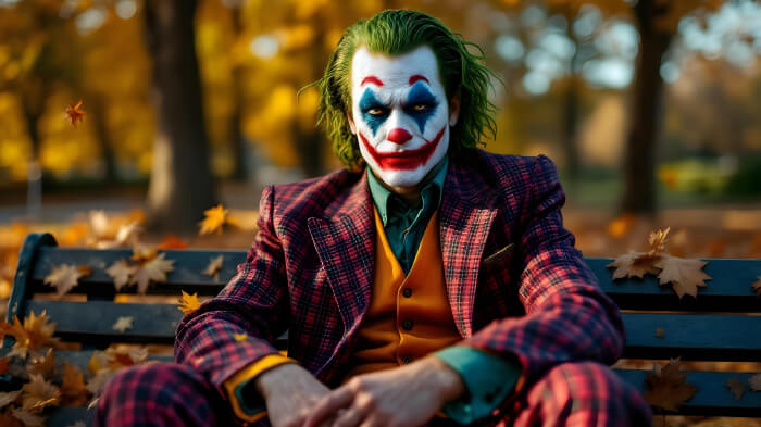 A man in a movie-inspired Joker Halloween costume sitting on a bench with Autumn leaves in a park.