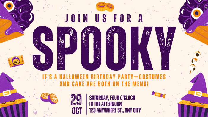 A Halloween birthday party invite with the text reading, “It’s a Halloween birthday party—costumes and cake are both on the menu!”