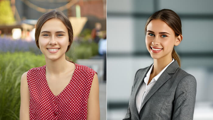  Before and after AI generated headshots of a woman that differed with casual dressing & formal professional dressing created on LightX. 