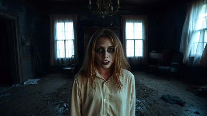 An image of the haunted house photoshoot idea for Halloween, featuring a person in a spooky makeup and haunted house setting.