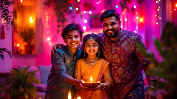 Family Diwali photo shoot with festive lights and traditional outfits