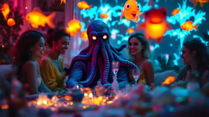 An image of a guest dressed as an underwater creature for an underwater creature-themed Halloween party.