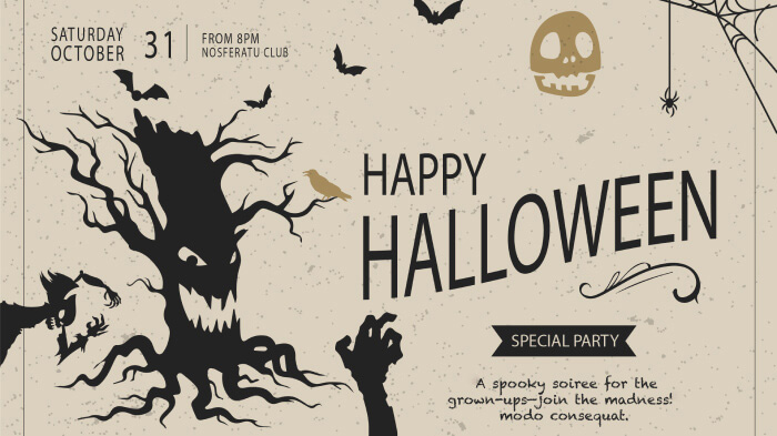 A Halloween adult’s party invite with the text reading, “A spooky soiree for the grown-ups—join the madness!"