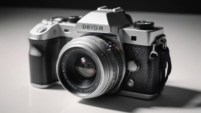 A product picture of a DSLR camera captured in black and white contrast.