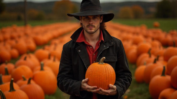 An image of the pumpkin patch photoshoot idea for Halloween, featuring a man in a pumpkin patch.