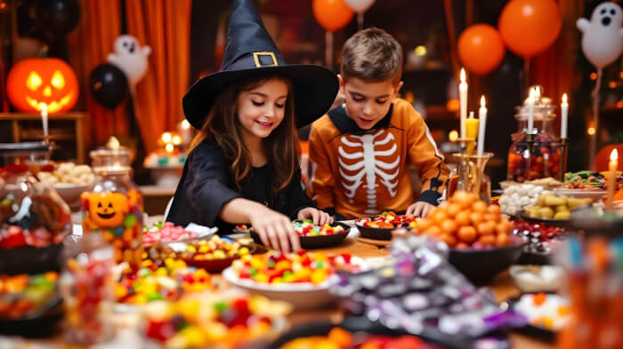 An image of a candy buffet Halloween party idea showing kids in a cute-spooky setup of candy-filled jars and chocolates. 