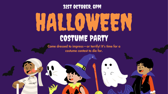 A Halloween costume party invite with the text reading, “Come dressed to impress—or terrify! It’s time for a costume contest to die for.