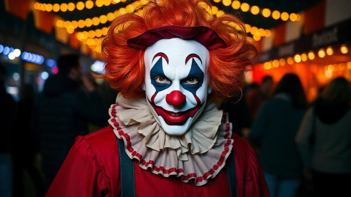 An image of the carnival-themed photoshoot idea for Halloween, featuring a person dressed as a sinister clown at a carnival.