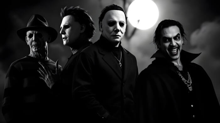 An image featuring people in different horror villain looks for Halloween’s classic horror villain party theme.