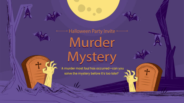 A Halloween murder mystery party invite with the text reading, “A murder most foul has occurred—can you solve the mystery before it’s too late?”