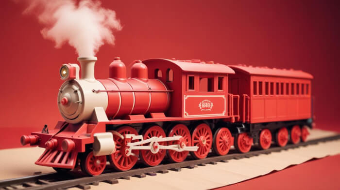 A product shot of a train toy against a color-pop background.