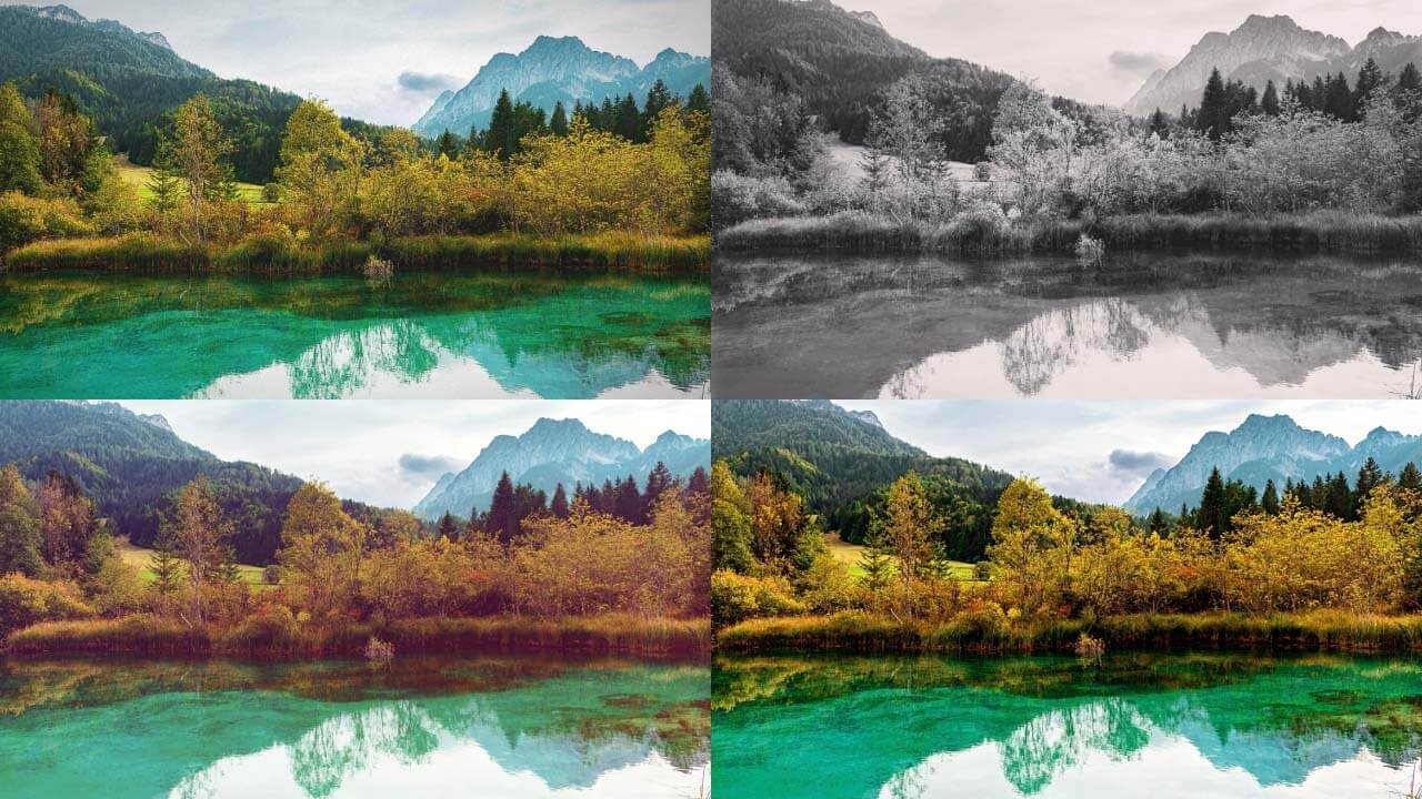 Collage of mountain landscapes transformed with 2 to 4 different Instagram filters showcasing aesthetic changes