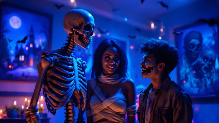 An image of a haunted art gallery Halloween party idea with eerie paintings, a skeleton, and dim lighting.