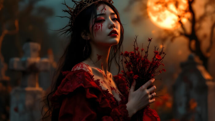 A woman in a bloody prom queen Halloween costume with a blood-red-colored gown, shattered crown, and a dull red bouquet. 