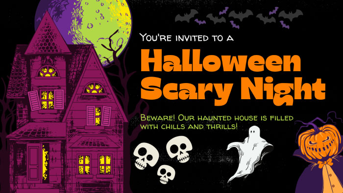 A Halloween haunted house party invite with the text reading, “Beware! Our haunted house is filled with chills and thrills!”