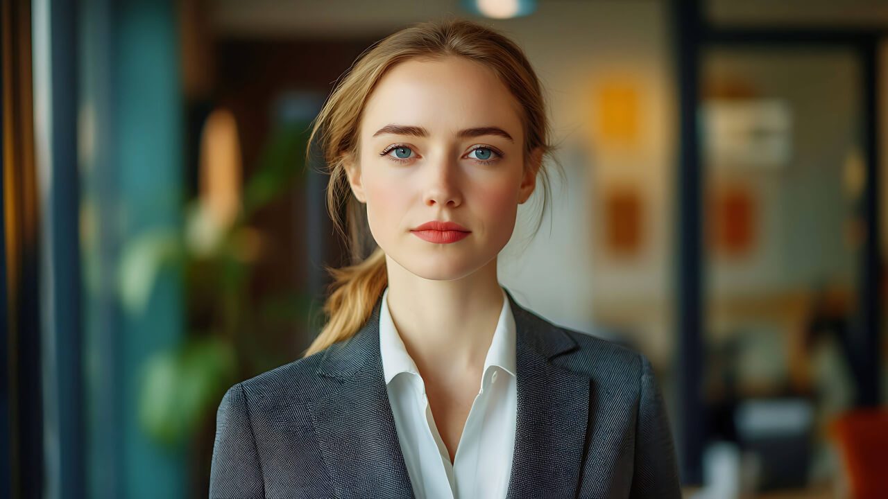 AI-generated professional headshot of a woman on a soft background. She has medium-length blonde hair, and is wearing a dark blazer over a light blouse.