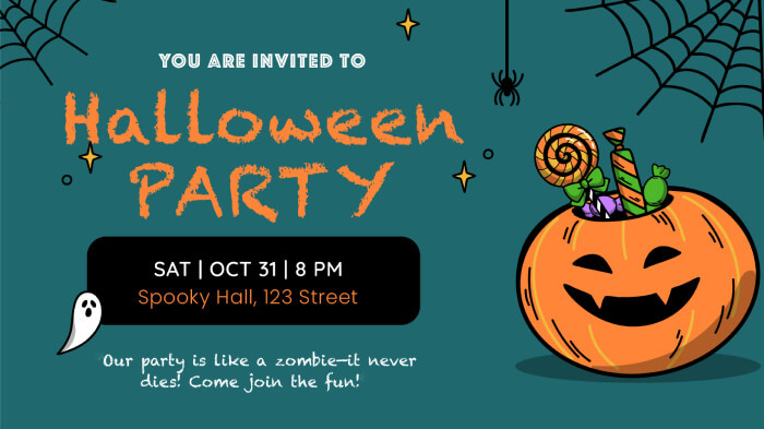 A funny Halloween party invite with the text reading, “Our party is like a zombie—it never dies! Come join the fun!”