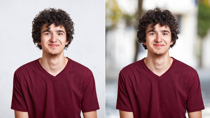 comparison of image background of a boy in a red T-shirt from white background to blur background created with AI background generator