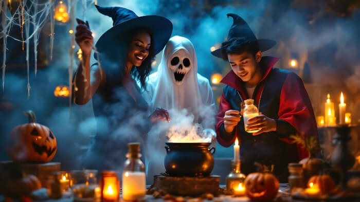 An image of a creepy cocktail mixing Halloween party idea featuring people mixing drinks at a spooky station.