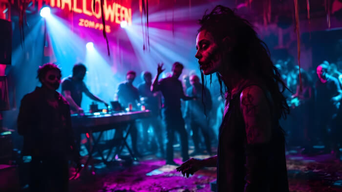 An image showcasing the zombie apocalypse survival Halloween party idea with eerie decorations and guests dressed as zombies