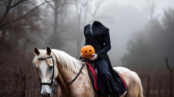 An image of the headless horseman photoshoot of a person for Halloween.