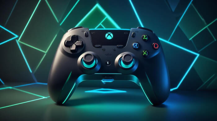 A product image of a gaming console with a neon-lit background.