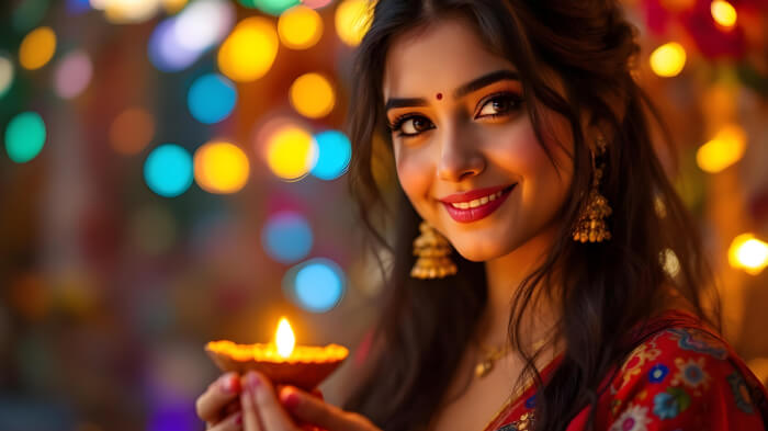 Diwali photography ideas with a girl holding an oil lamp in ethnic wear