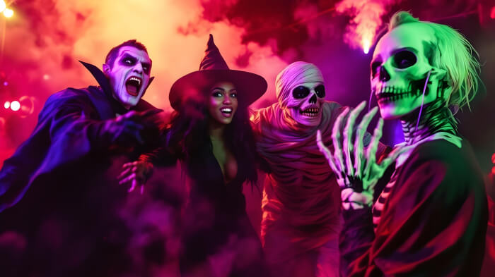 An image of a monster mash dance Halloween party idea with people dressed as monsters against a foggy, spooky background. 