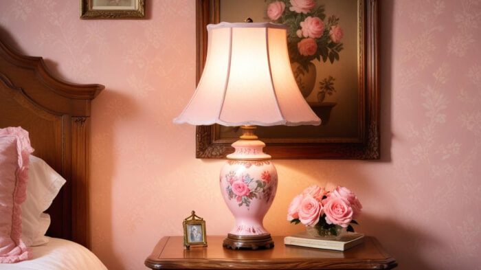 A contextual product shot of a lamp on a bedside table.