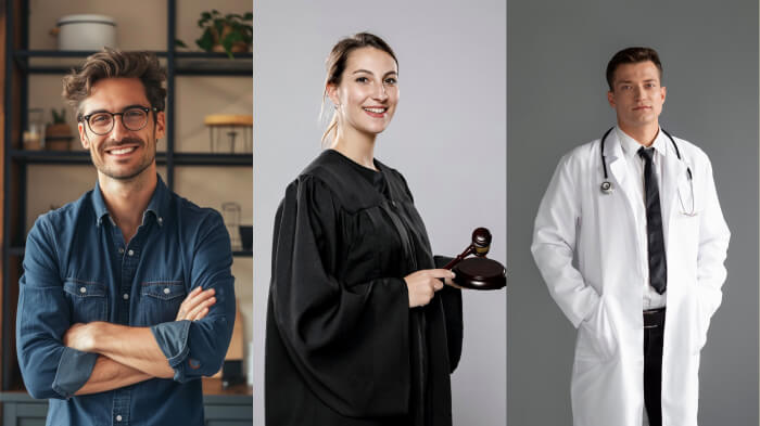 Headshots: a doctor in a white coat, a lawyer in a black suit, and a graphic designer in a casual shirt, each in their work setting.