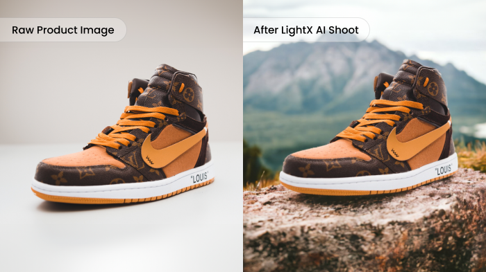 Before and after comparison of a shoe, highlighting AI-generated enhancements by LightX for product photography.