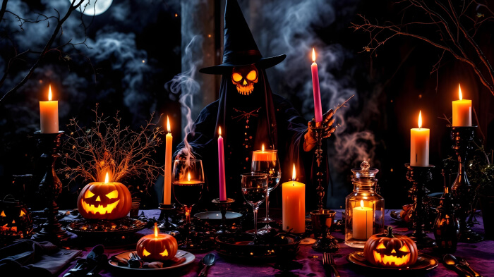 An image of a spooky sorcery session Halloween party idea featuring candles, mystical decor, and a person as a wizard.