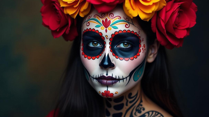 An image of the Day of the Dead photoshoot idea for Halloween, featuring a person with a sugar skull makeup and flowers.