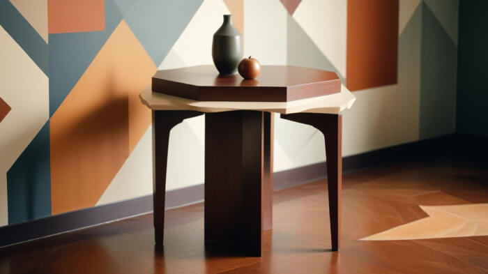 A furniture product photoshoot of a table with a background of geometric shapes.