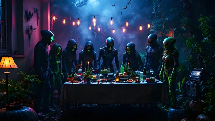 An image presenting an alien invasion Halloween party idea with guests dressed as aliens and a spooky, space-themed setup